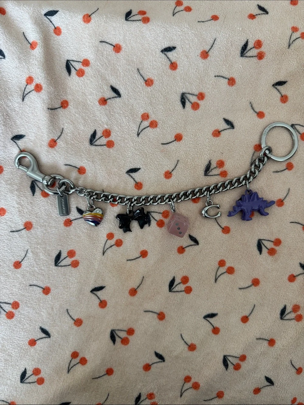 Coach Silver Charm with Multicolor Heart, Black Bat, Purple Dino, Pink Dice